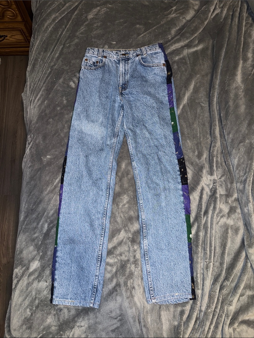 Custom Vintage Levi's Blue Denim Jeans with Purple and Green Side Patchwork Trim